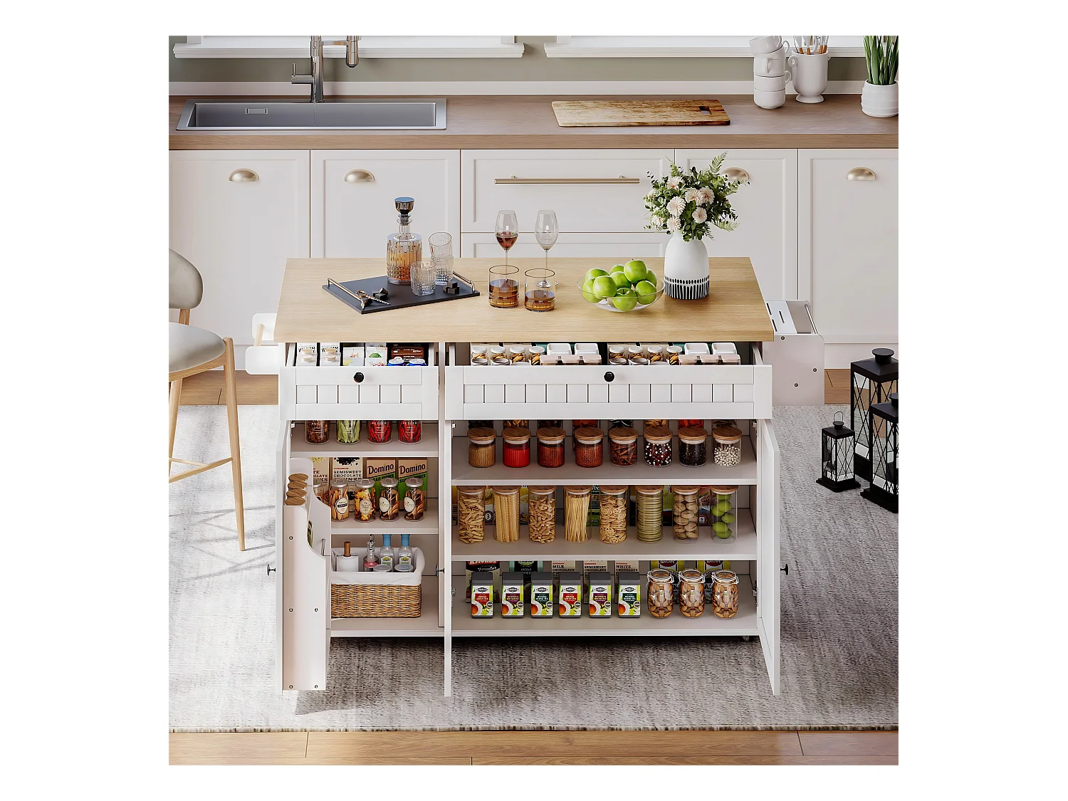 Isla central con encimera abatible - 137 x 45/70 x 89,5 cm - con 2 cajones + 3 puertas - MDF - blanco