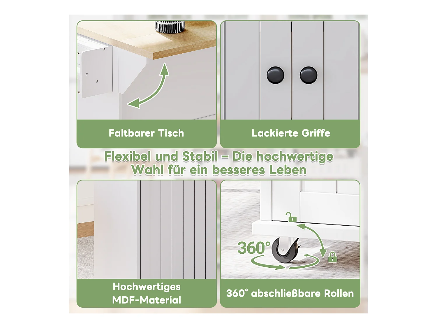 Isla central con encimera abatible - 137 x 45/70 x 89,5 cm - con 2 cajones + 3 puertas - MDF - blanco