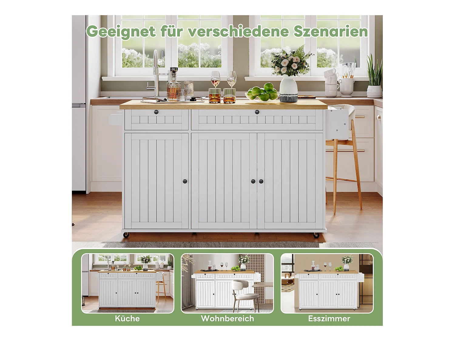 Isla central con encimera abatible - 137 x 45/70 x 89,5 cm - con 2 cajones + 3 puertas - MDF - blanco