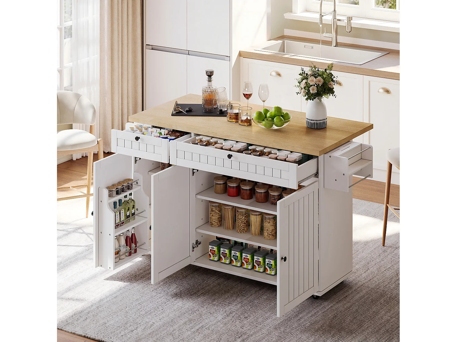 Îlot central avec plan de travail rabattable - 137 x 45/70 x 89.5 cm - avec 2 tiroirs + 3 portes - MDF - blanc