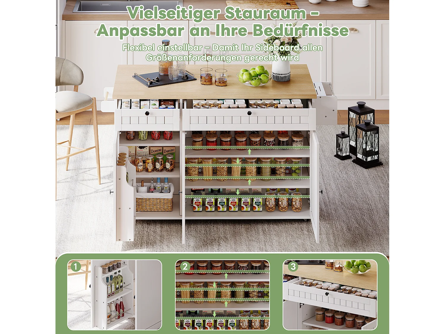 Îlot central avec plan de travail rabattable - 137 x 45/70 x 89.5 cm - avec 2 tiroirs + 3 portes - MDF - blanc