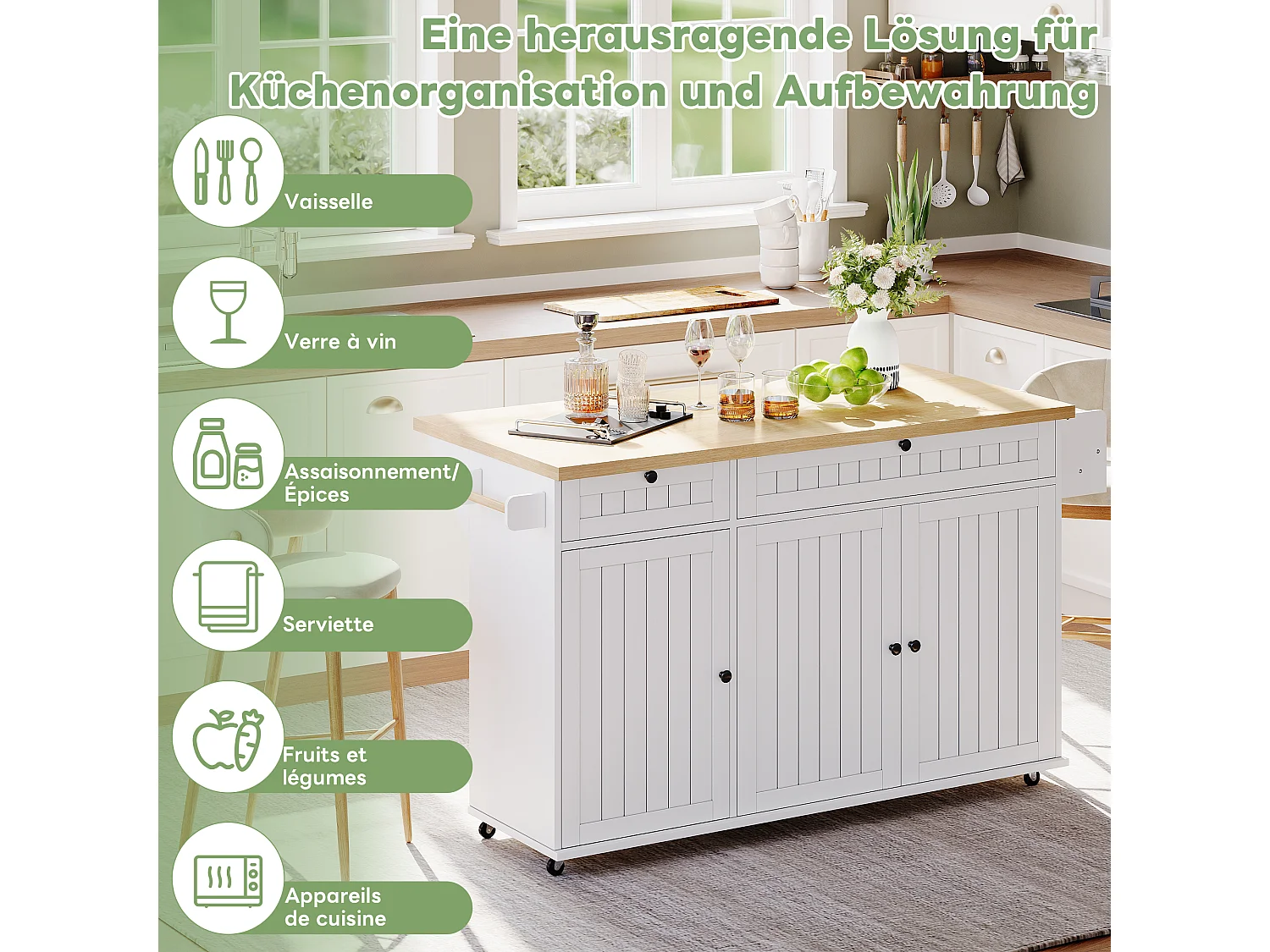 Îlot central avec plan de travail rabattable - 137 x 45/70 x 89.5 cm - avec 2 tiroirs + 3 portes - MDF - blanc