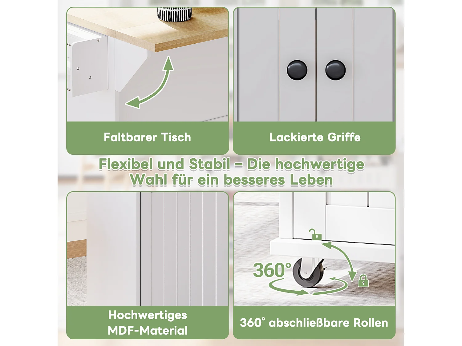 Îlot central avec plan de travail rabattable - 137 x 45/70 x 89.5 cm - avec 2 tiroirs + 3 portes - MDF - blanc