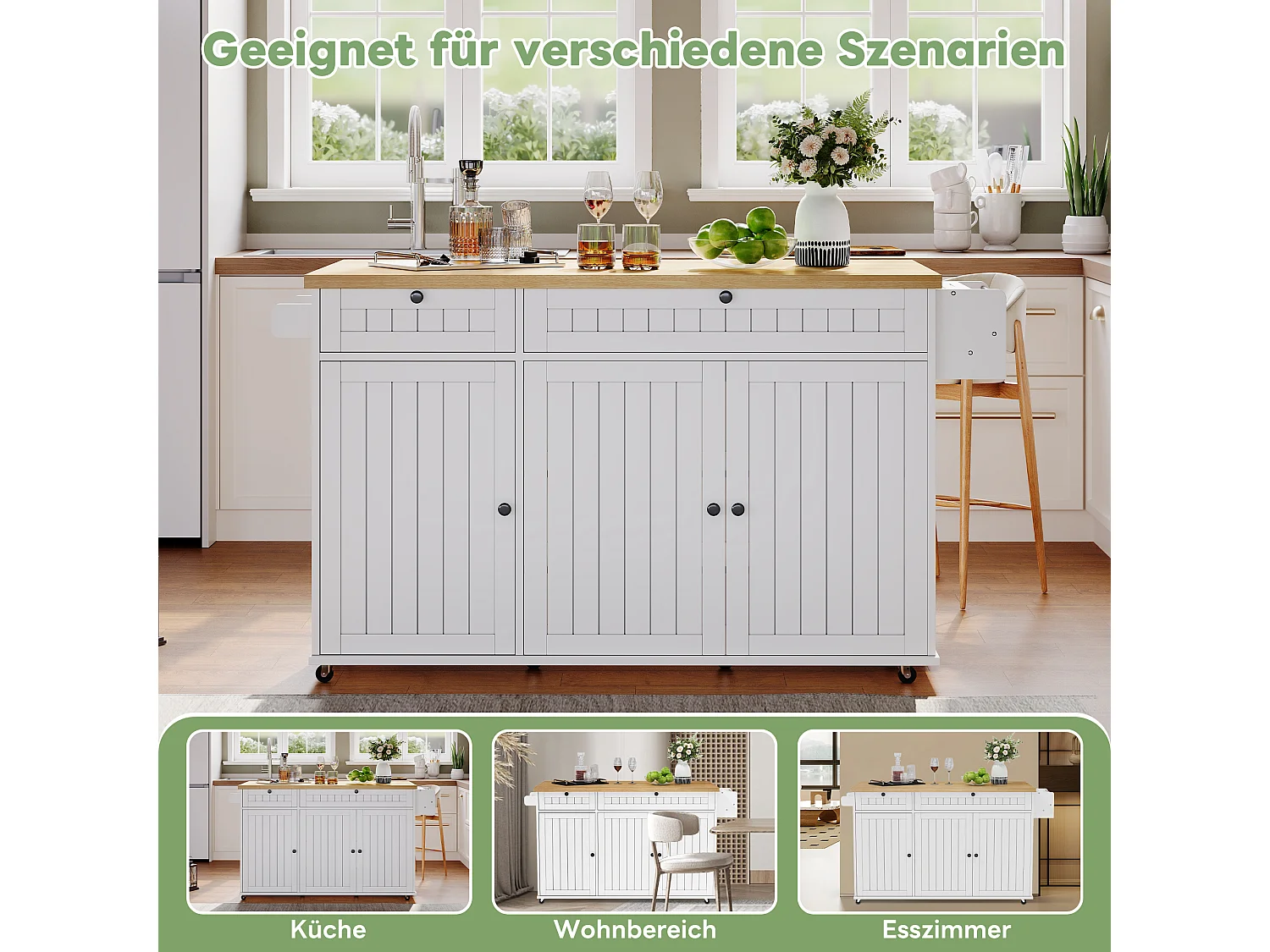 Îlot central avec plan de travail rabattable - 137 x 45/70 x 89.5 cm - avec 2 tiroirs + 3 portes - MDF - blanc