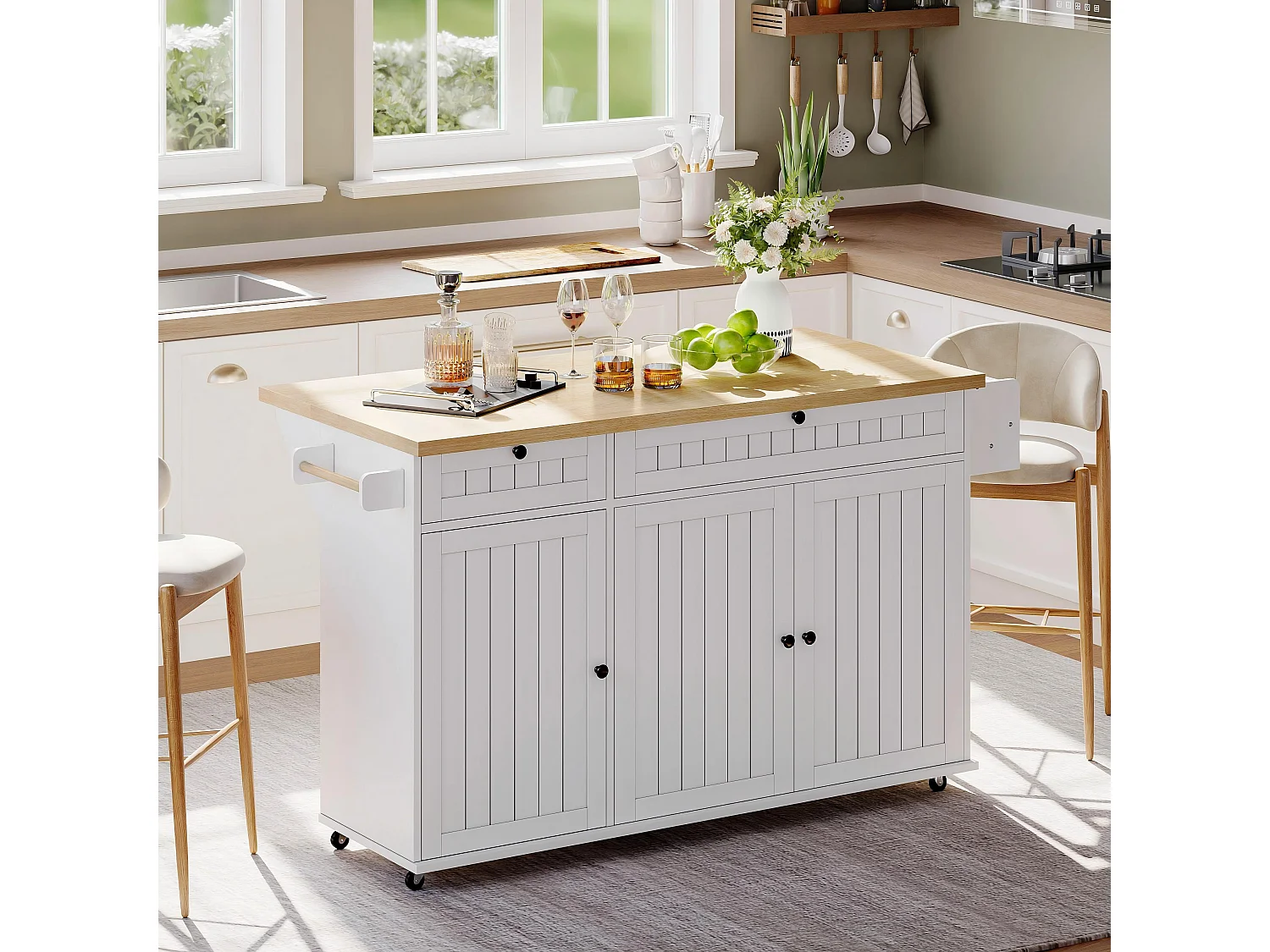 Îlot central avec plan de travail rabattable - 137 x 45/70 x 89.5 cm - avec 2 tiroirs + 3 portes - MDF - blanc