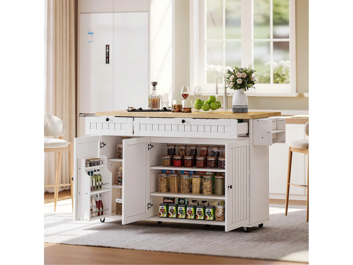 Îlot central avec plan de travail rabattable - 137 x 45/70 x 89.5 cm - avec 2 tiroirs + 3 portes - MDF - blanc