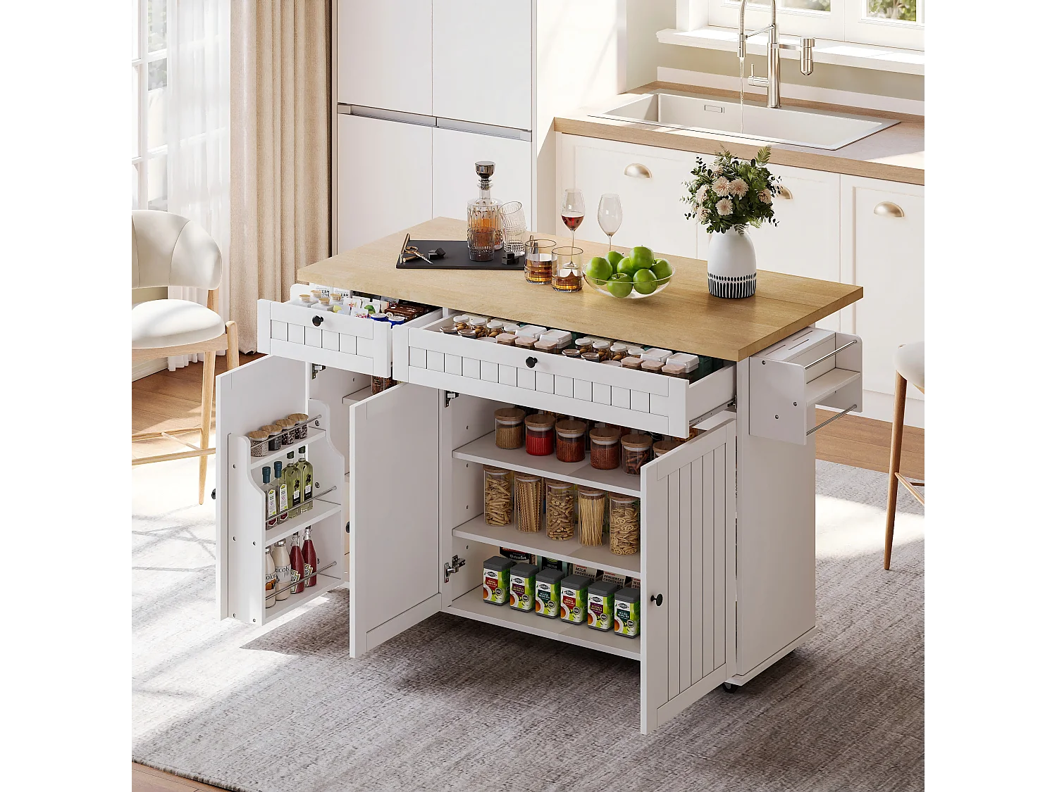 Isola centrale con piano di lavoro ribaltabile - 137 x 45/70 x 89,5 cm - con 2 cassetti + 3 ante - MDF - bianco