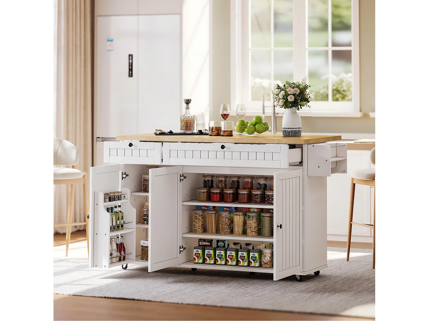 Isola centrale con piano di lavoro ribaltabile - 137 x 45/70 x 89,5 cm - con 2 cassetti + 3 ante - MDF - bianco