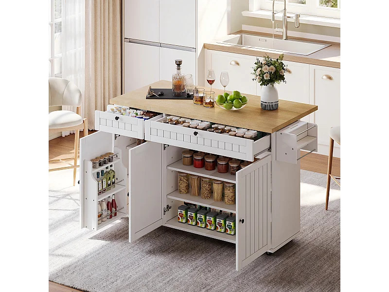 Isola centrale con piano di lavoro ribaltabile - 137 x 45/70 x 89,5 cm - con 2 cassetti + 3 ante - MDF - bianco