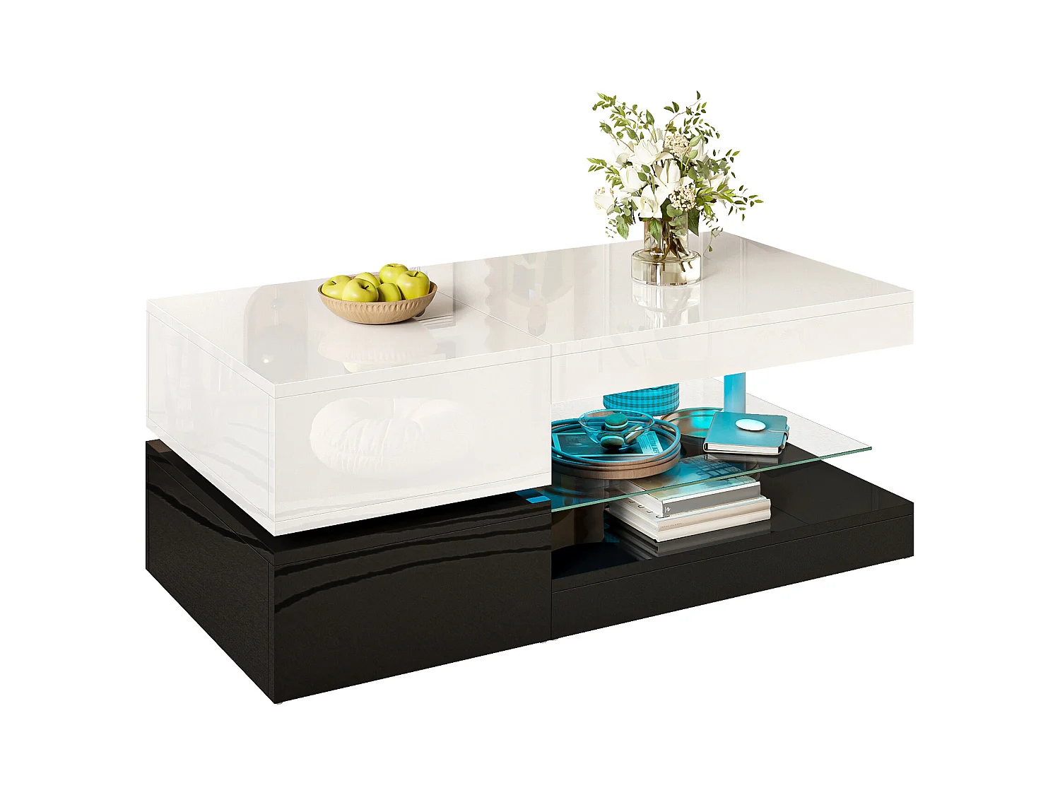 Table basse avec LED, télécommande Bluetooth, plateau en verre, design laqué noir et blanc (90x45x35.5 cm)