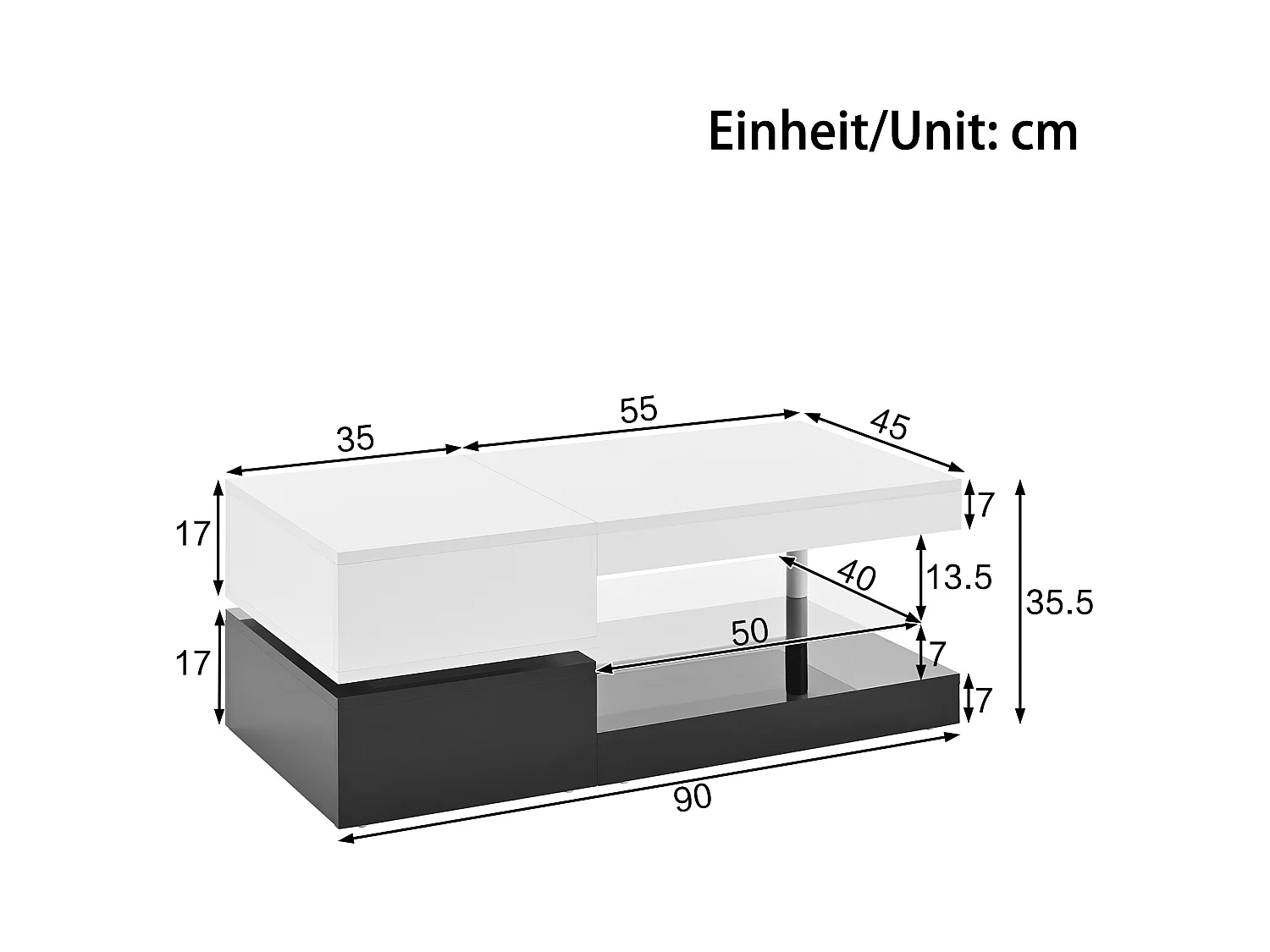 Table basse avec LED, télécommande Bluetooth, plateau en verre, design laqué noir et blanc (90x45x35.5 cm)