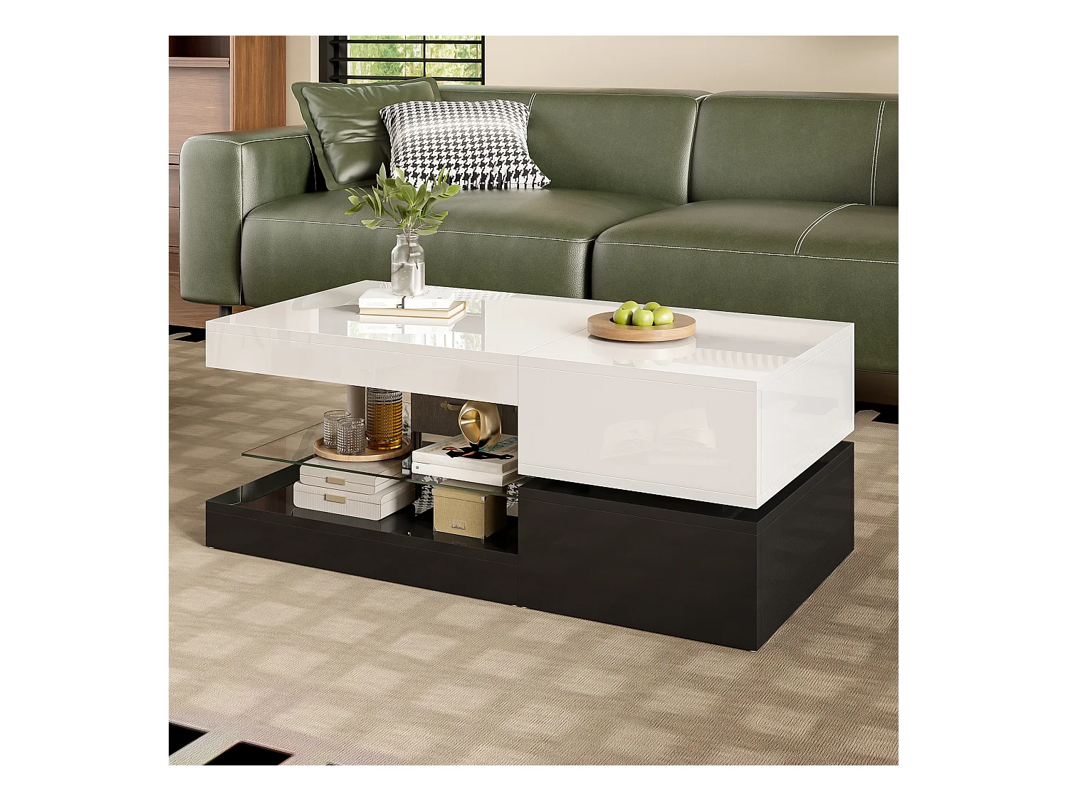 Table basse avec LED, télécommande Bluetooth, plateau en verre, design laqué noir et blanc (90x45x35.5 cm)