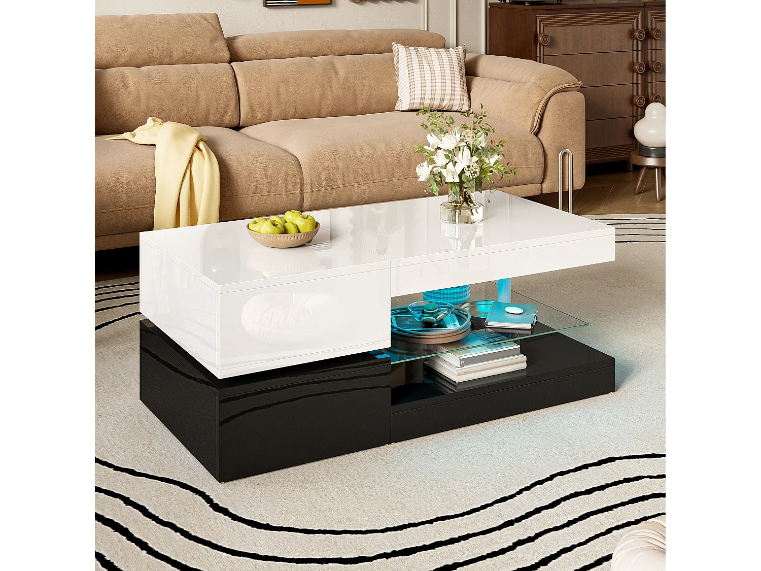 Table basse avec LED, télécommande Bluetooth, plateau en verre, design laqué noir et blanc (90x45x35.5 cm)