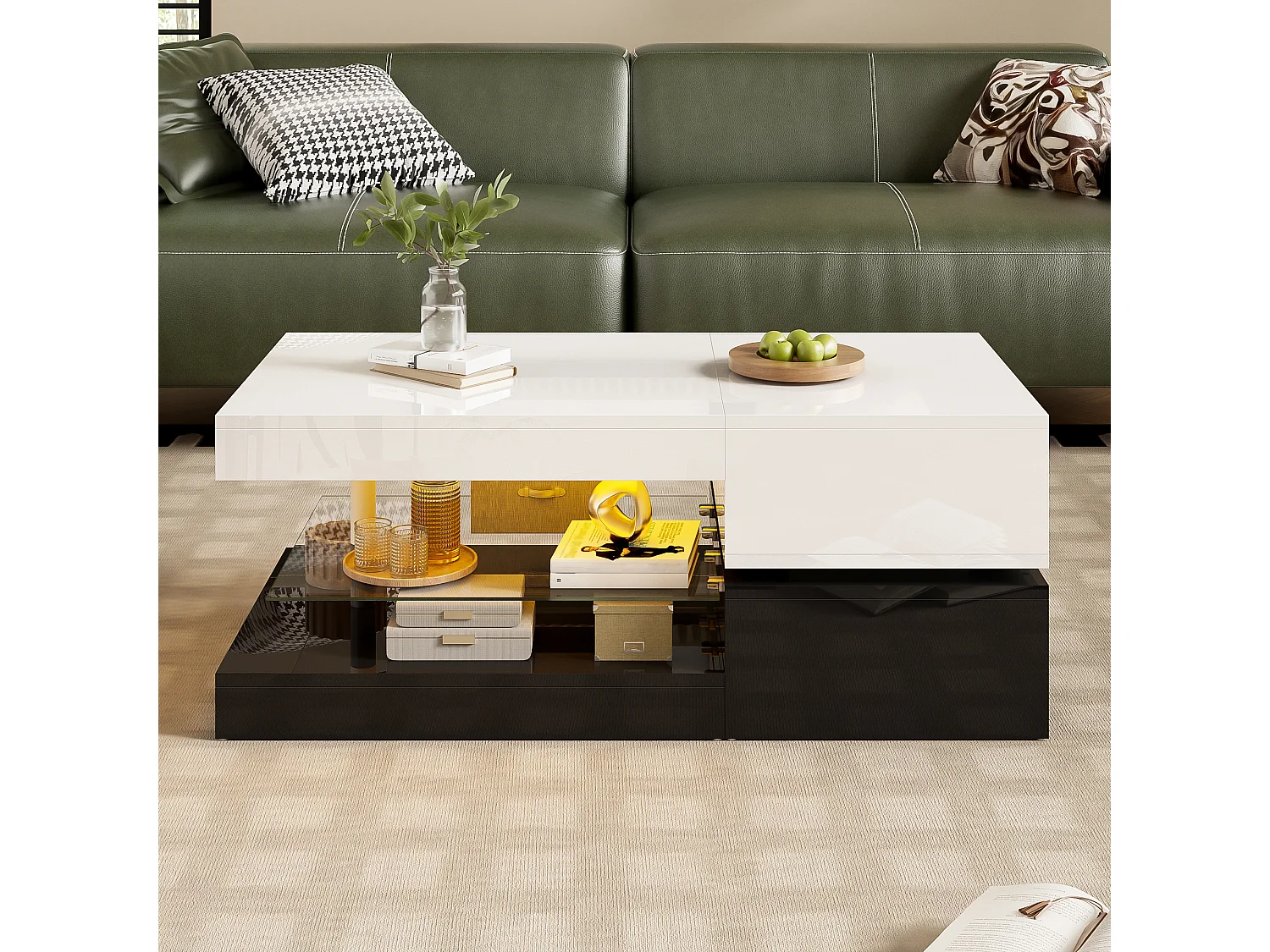 Table basse avec LED, télécommande Bluetooth, plateau en verre, design laqué noir et blanc (90x45x35.5 cm)