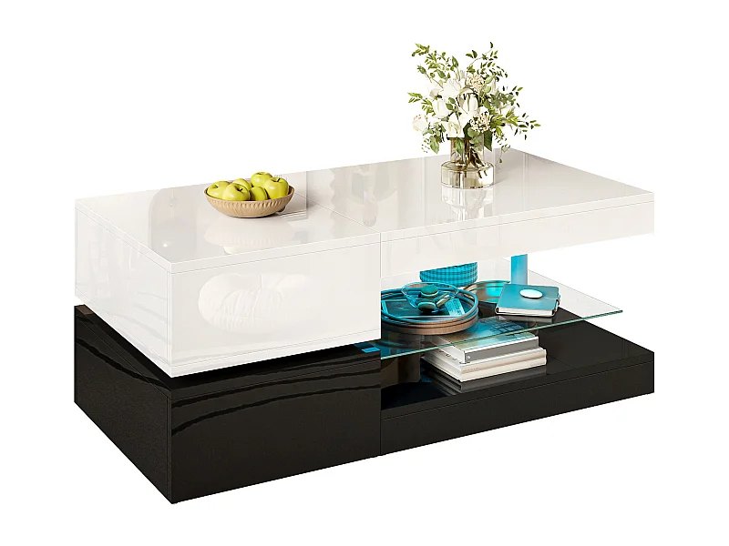 Table basse avec LED, télécommande Bluetooth, plateau en verre, design laqué noir et blanc (90x45x35.5 cm)