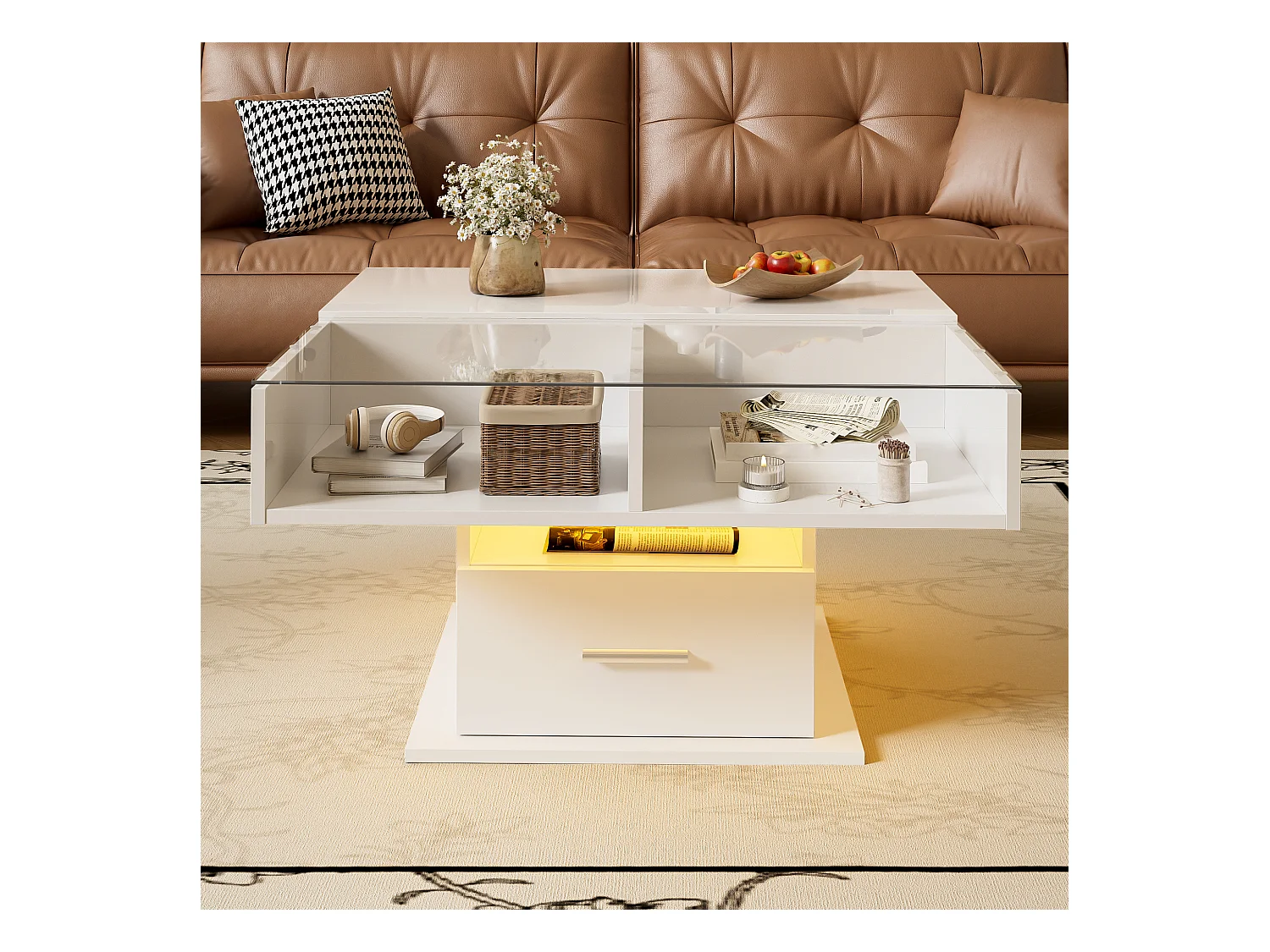 Table basse multifonction avec LED, hauteur réglable, espace de rangement, laquée blanche (78x78x45.5/59.5 cm)