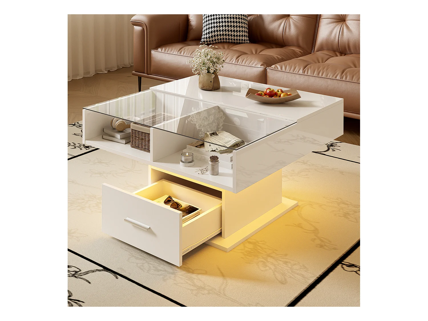 Table basse multifonction avec LED, hauteur réglable, espace de rangement, laquée blanche (78x78x45.5/59.5 cm)
