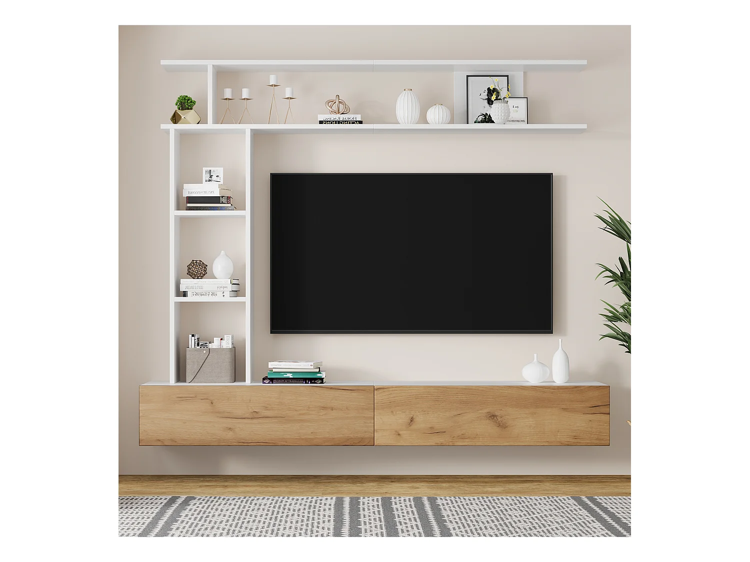 Ensemble de meubles muraux - 180 x 35 x 150 cm - avec meuble TV + 2 étagère murale - aggloméré - blanc + naturel