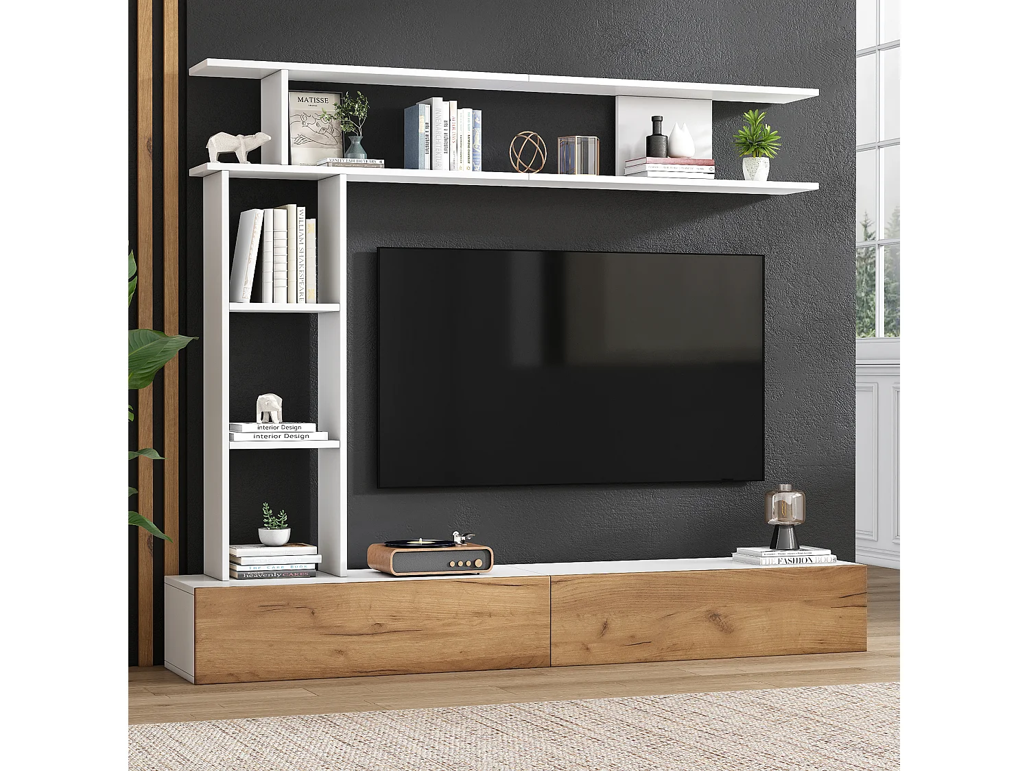 Ensemble de meubles muraux - 180 x 35 x 150 cm - avec meuble TV + 2 étagère murale - aggloméré - blanc + naturel