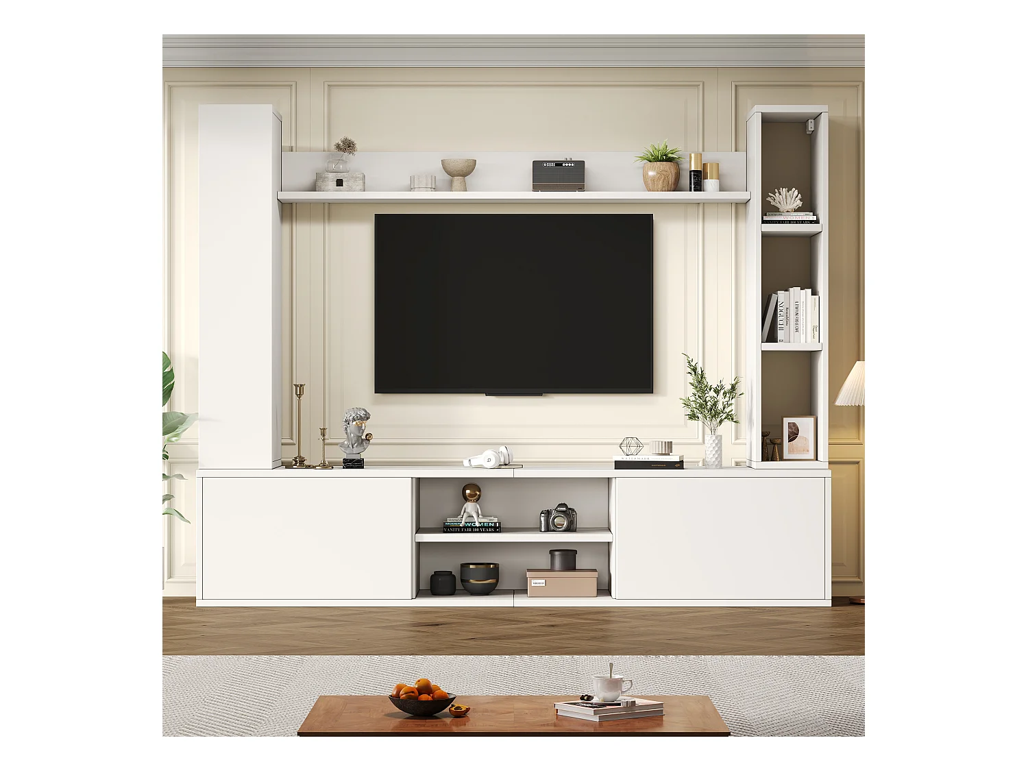 Ensemble de meubles TV muraux - 180 x 35 x 123.5 cm - avec étagère sur pied et 2 étagères murales - aggloméré - blanc