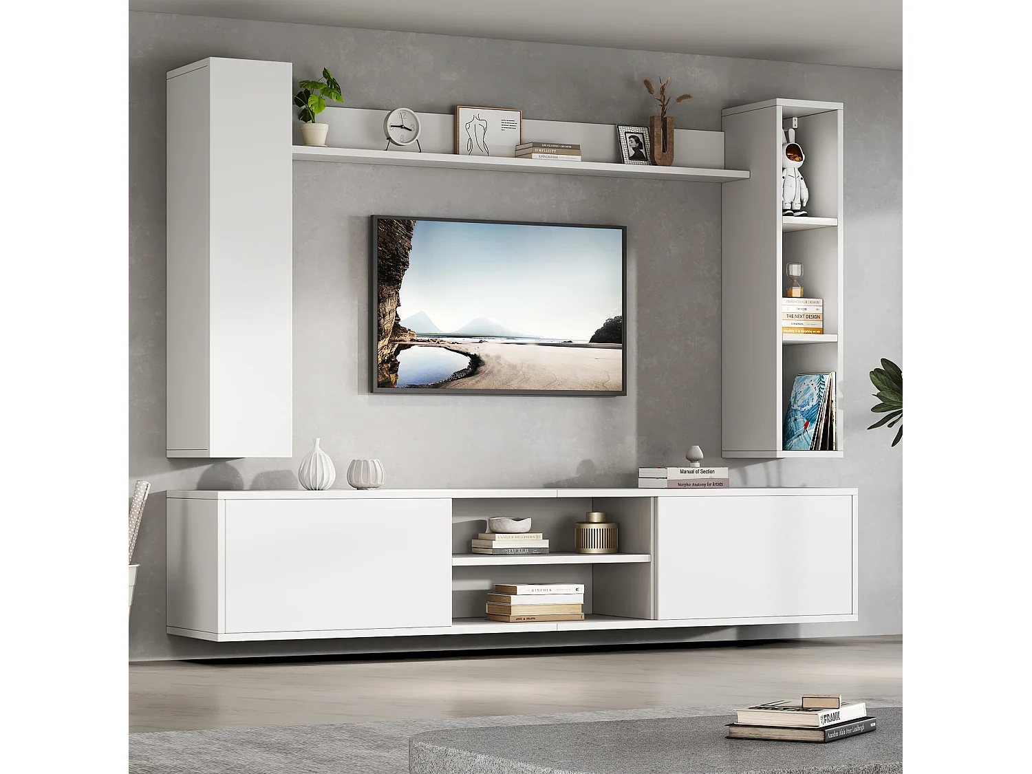 TV-Wandschrank-Set - 180 x 35 x 123,5 cm - mit Standregal und 2 Wandregalen - Spanplatte - Weiß