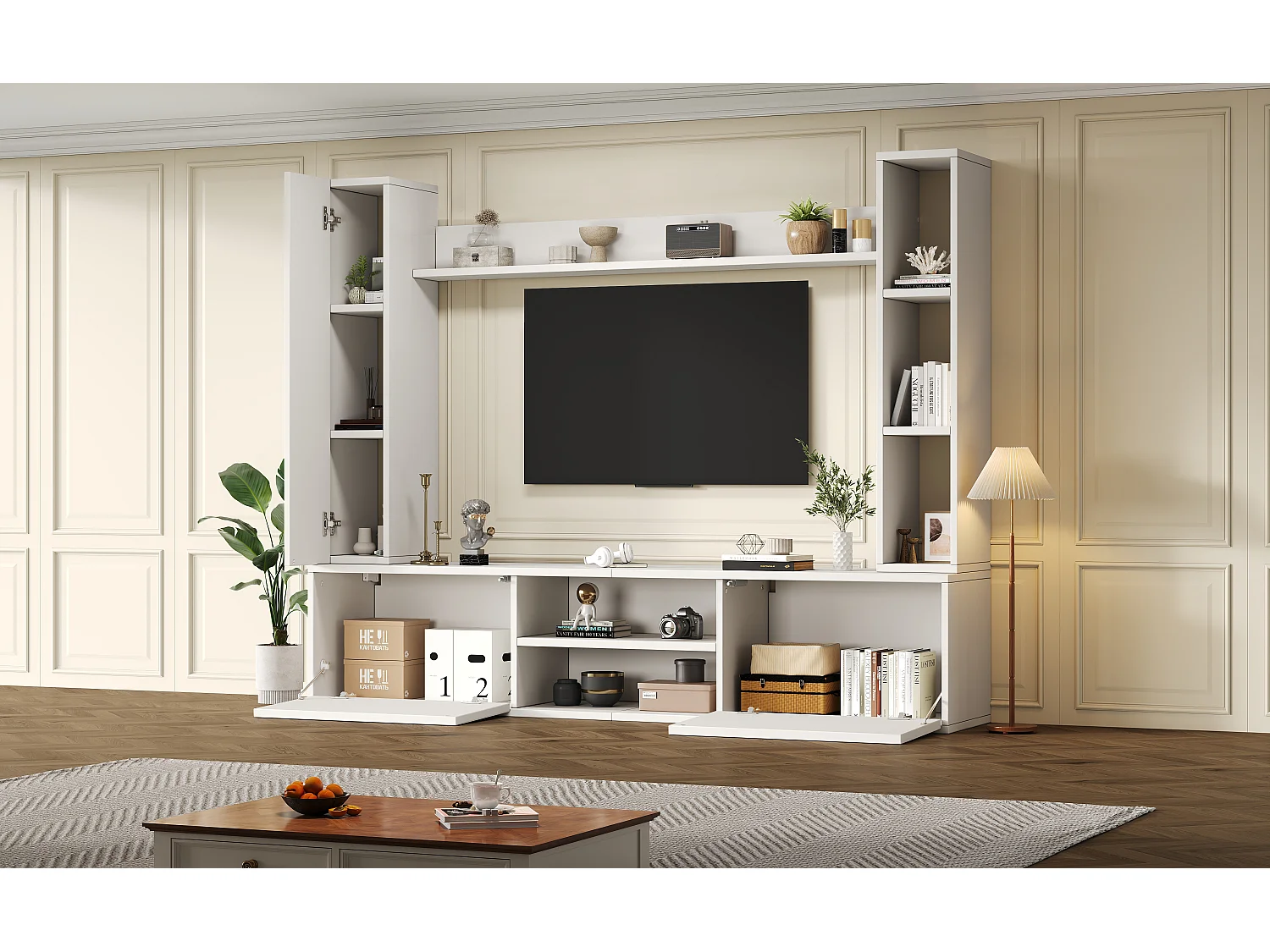 TV-Wandschrank-Set - 180 x 35 x 123,5 cm - mit Standregal und 2 Wandregalen - Spanplatte - Weiß