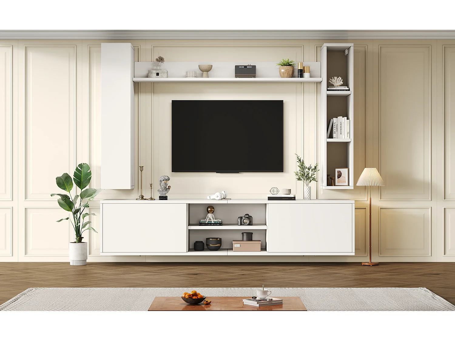 TV-Wandschrank-Set - 180 x 35 x 123,5 cm - mit Standregal und 2 Wandregalen - Spanplatte - Weiß