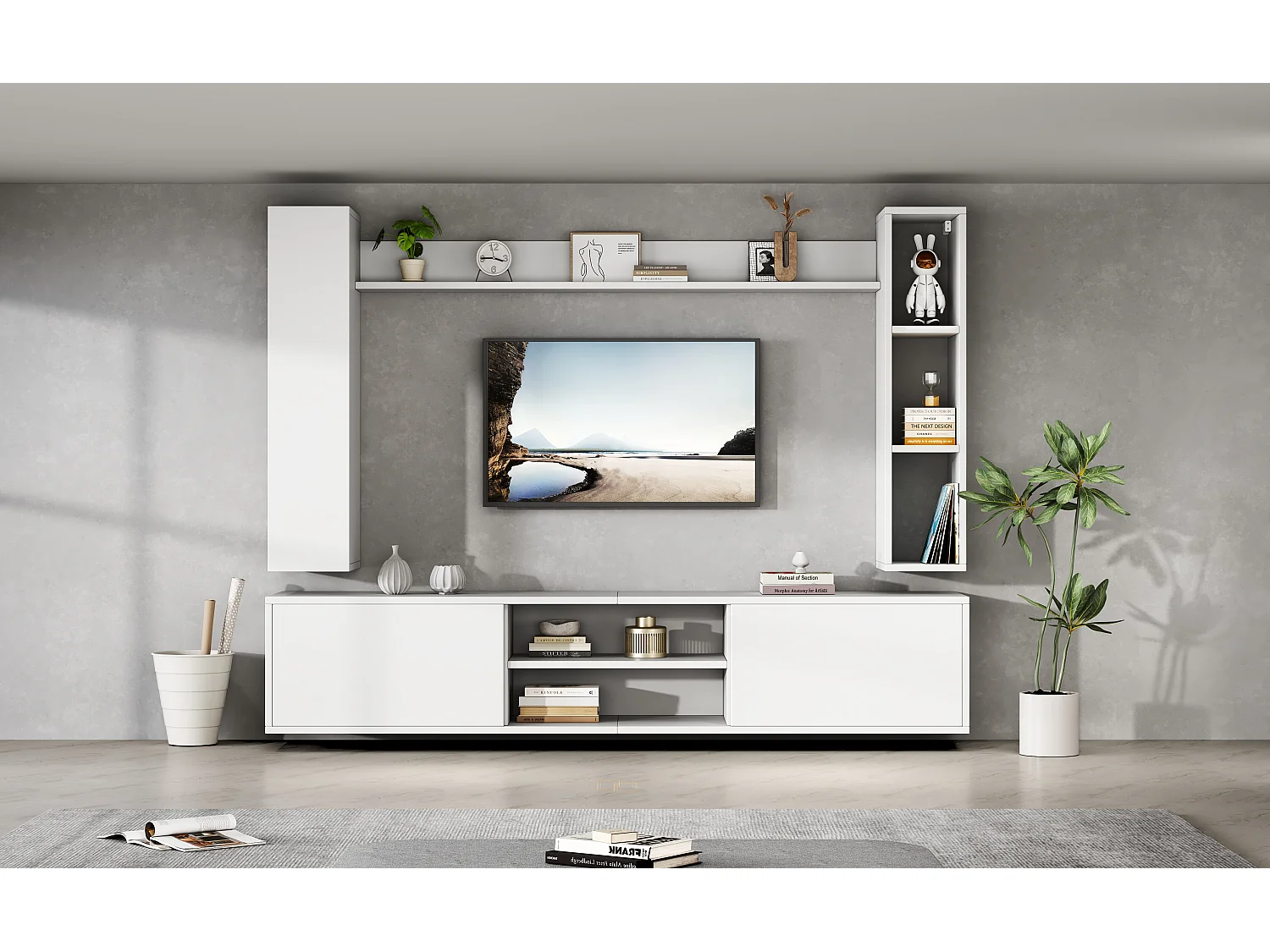 TV-Wandschrank-Set - 180 x 35 x 123,5 cm - mit Standregal und 2 Wandregalen - Spanplatte - Weiß