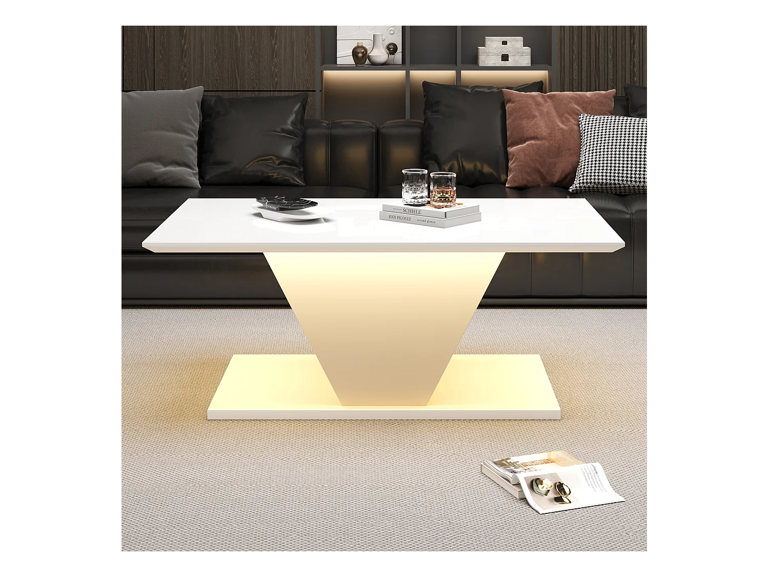 Table basse haute brillance - 100 x 50 x 46 cm - avec Leds - en forme de V - aggloméré - blanc