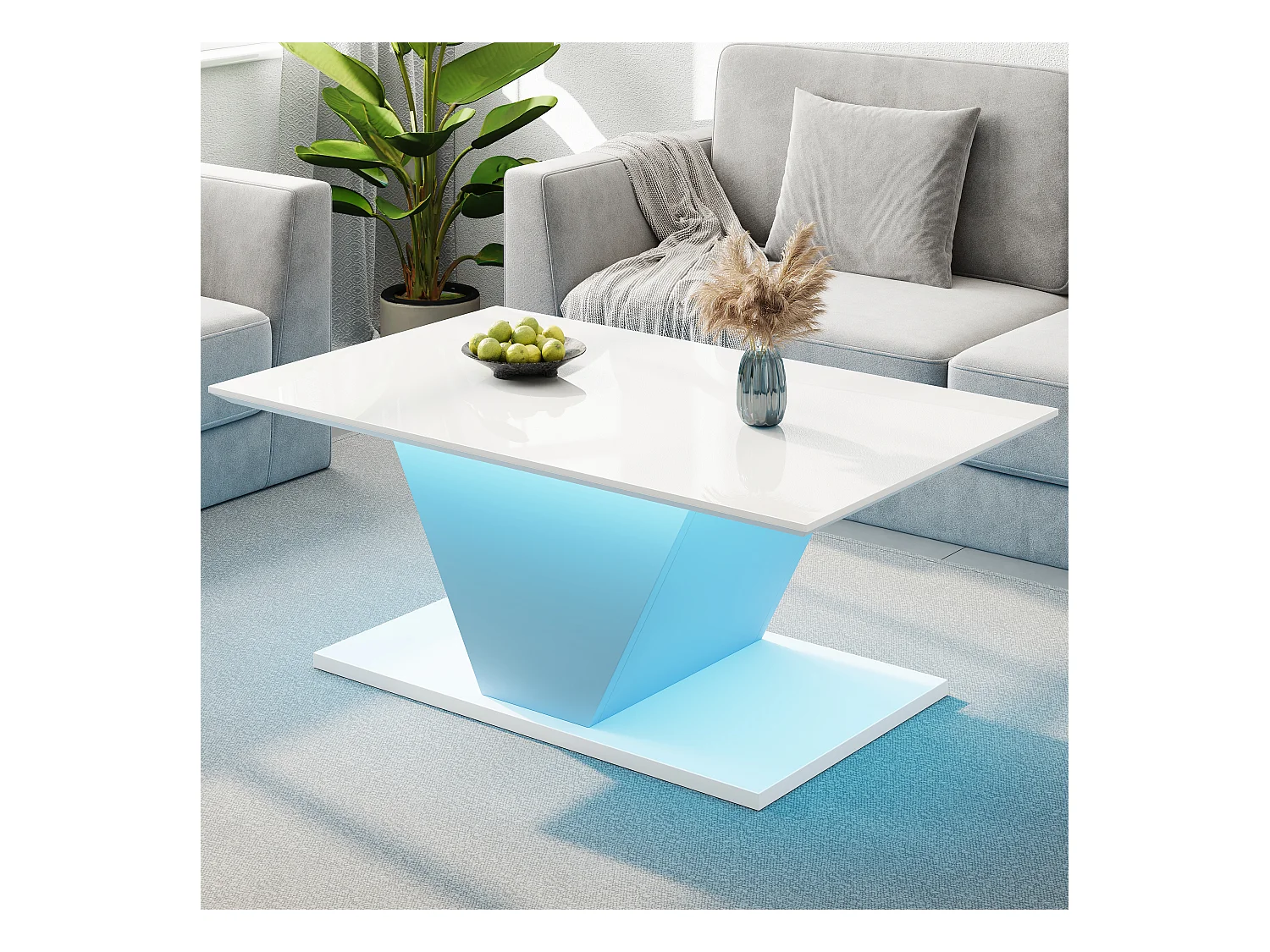 Table basse haute brillance - 100 x 50 x 46 cm - avec Leds - en forme de V - aggloméré - blanc