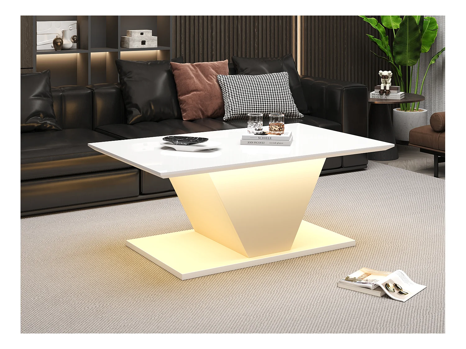 Table basse haute brillance - 100 x 50 x 46 cm - avec Leds - en forme de V - aggloméré - blanc