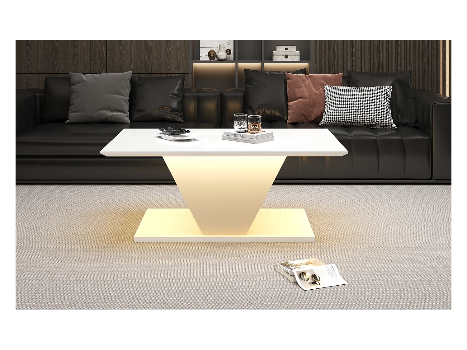 Table basse haute brillance - 100 x 50 x 46 cm - avec Leds - en forme de V - aggloméré - blanc