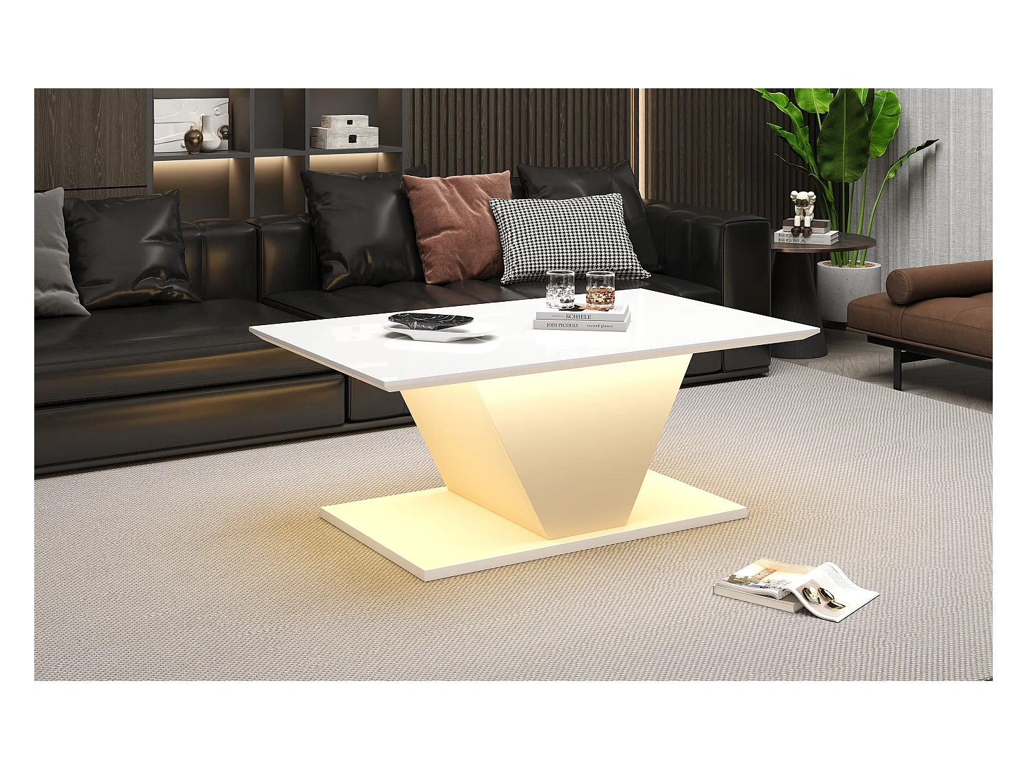 Table basse haute brillance - 100 x 50 x 46 cm - avec Leds - en forme de V - aggloméré - blanc
