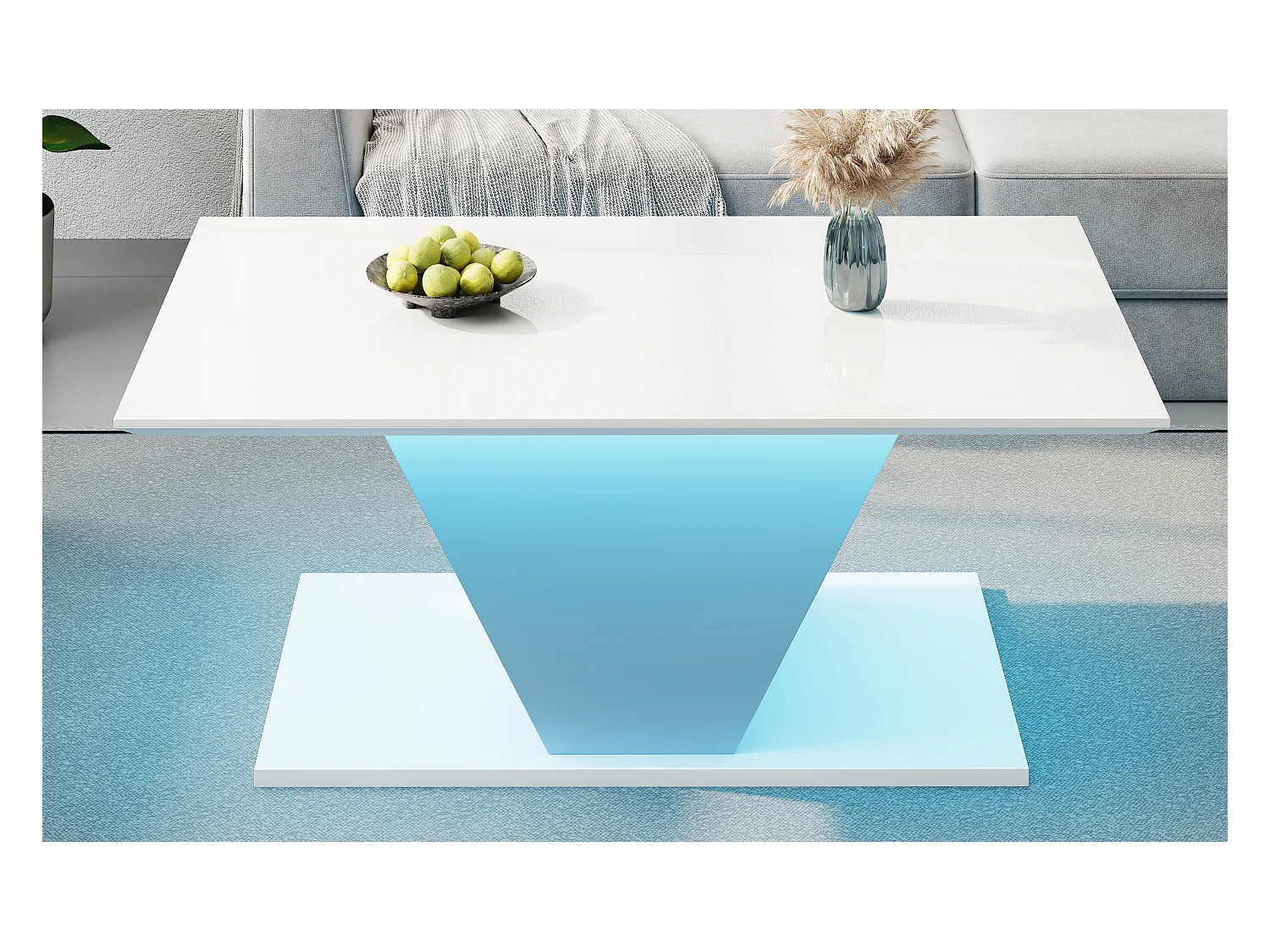 Table basse haute brillance - 100 x 50 x 46 cm - avec Leds - en forme de V - aggloméré - blanc