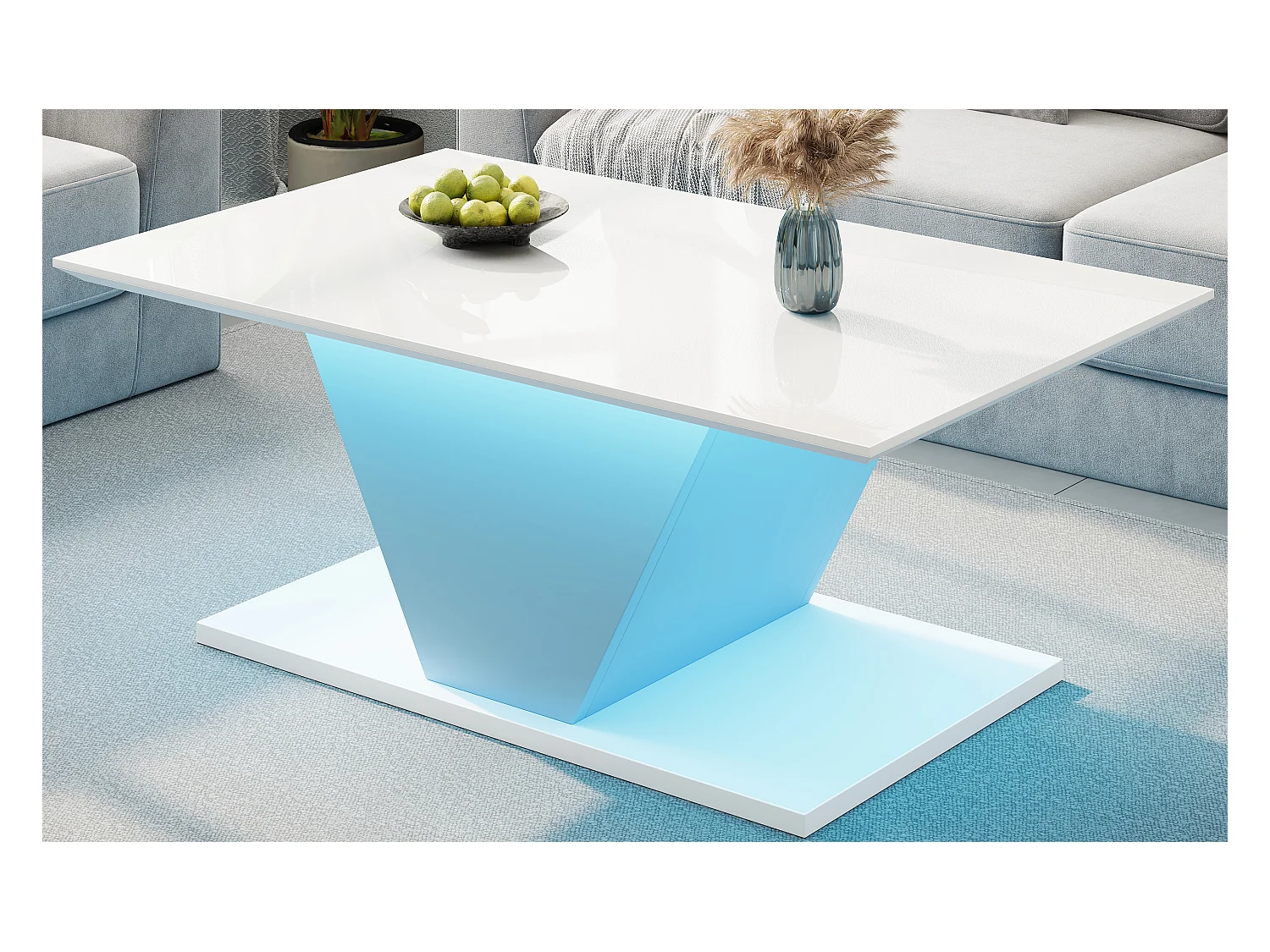 Table basse haute brillance - 100 x 50 x 46 cm - avec Leds - en forme de V - aggloméré - blanc