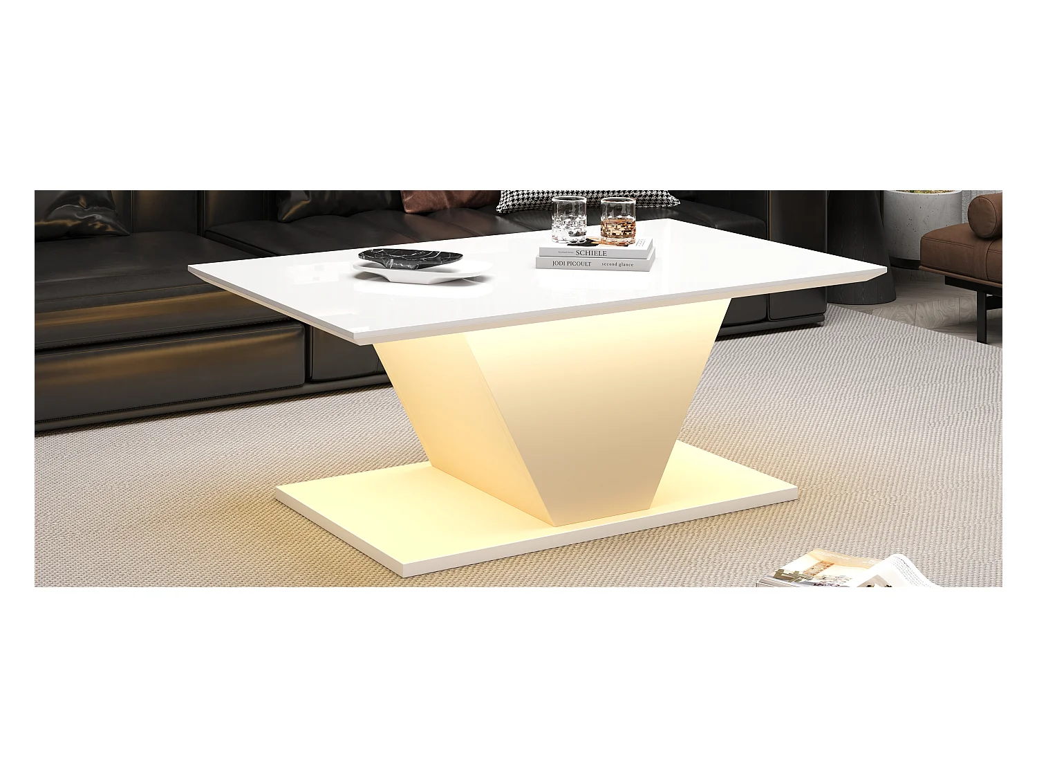 Table basse haute brillance - 100 x 50 x 46 cm - avec Leds - en forme de V - aggloméré - blanc