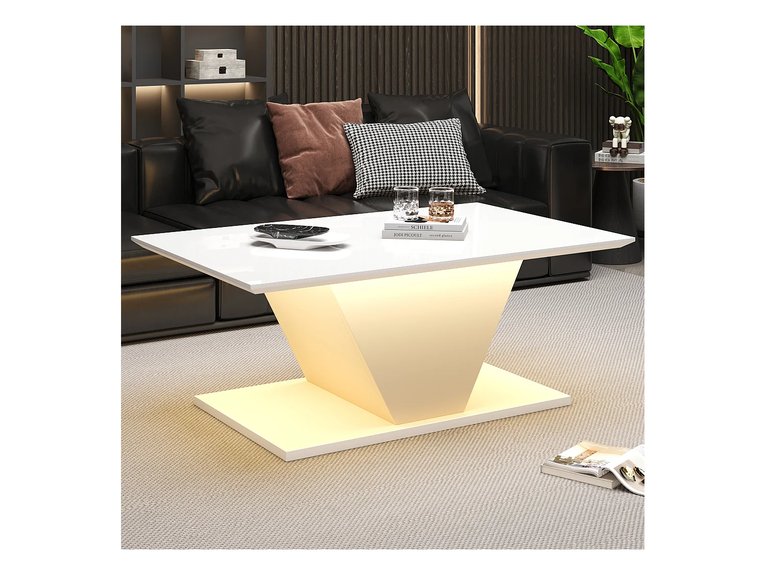 Hochglanz Couchtisch - 100 x 50 x 46 cm - mit LEDs - V-förmig - Spanplatte - weiß