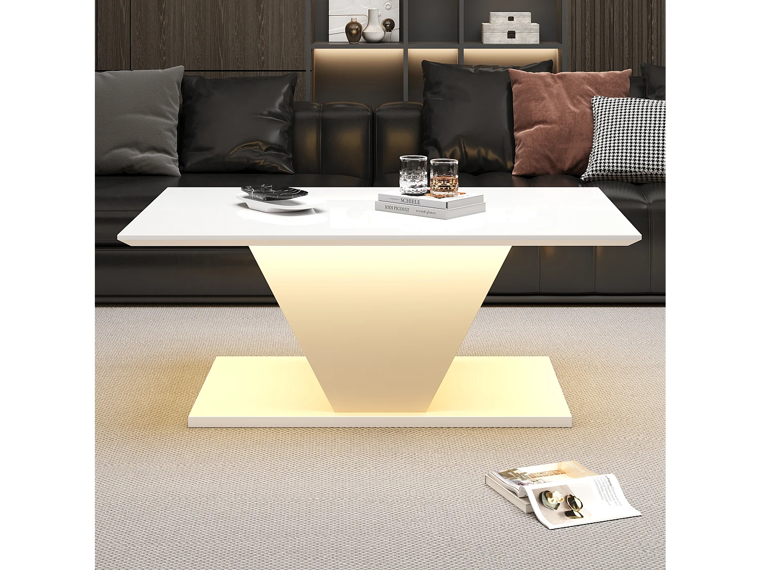 Tavolino da caffè lucido - 100 x 50 x 46 cm - con LED - a forma di V - truciolato - bianco