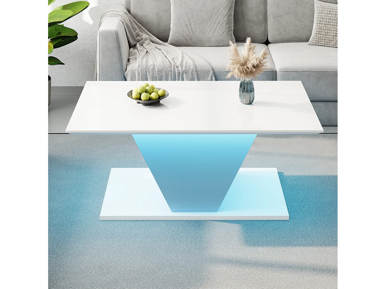 Tavolino da caffè lucido - 100 x 50 x 46 cm - con LED - a forma di V - truciolato - bianco