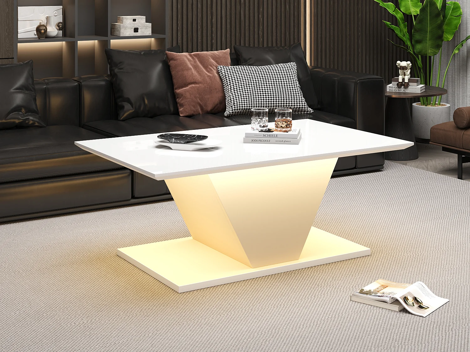 Tavolino da caffè lucido - 100 x 50 x 46 cm - con LED - a forma di V - truciolato - bianco