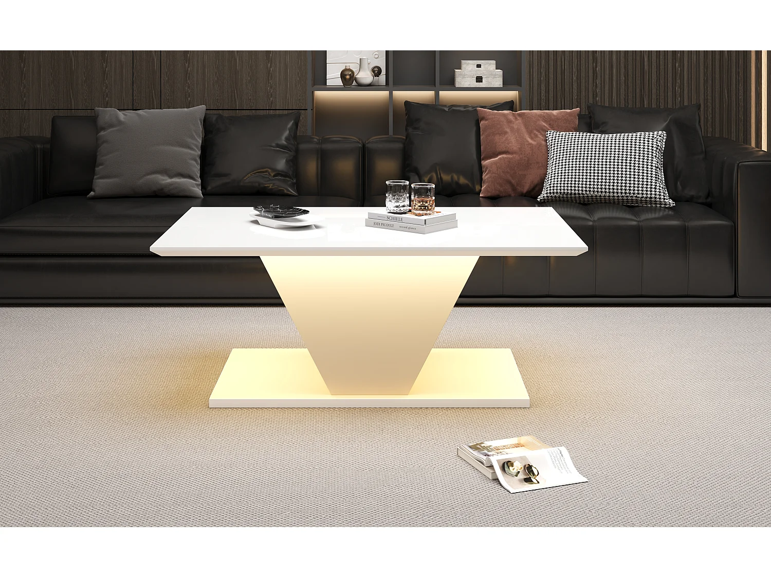 Tavolino da caffè lucido - 100 x 50 x 46 cm - con LED - a forma di V - truciolato - bianco