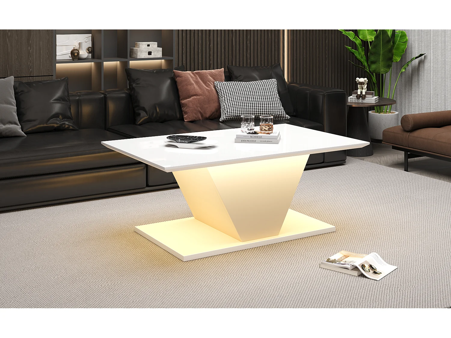 Tavolino da caffè lucido - 100 x 50 x 46 cm - con LED - a forma di V - truciolato - bianco