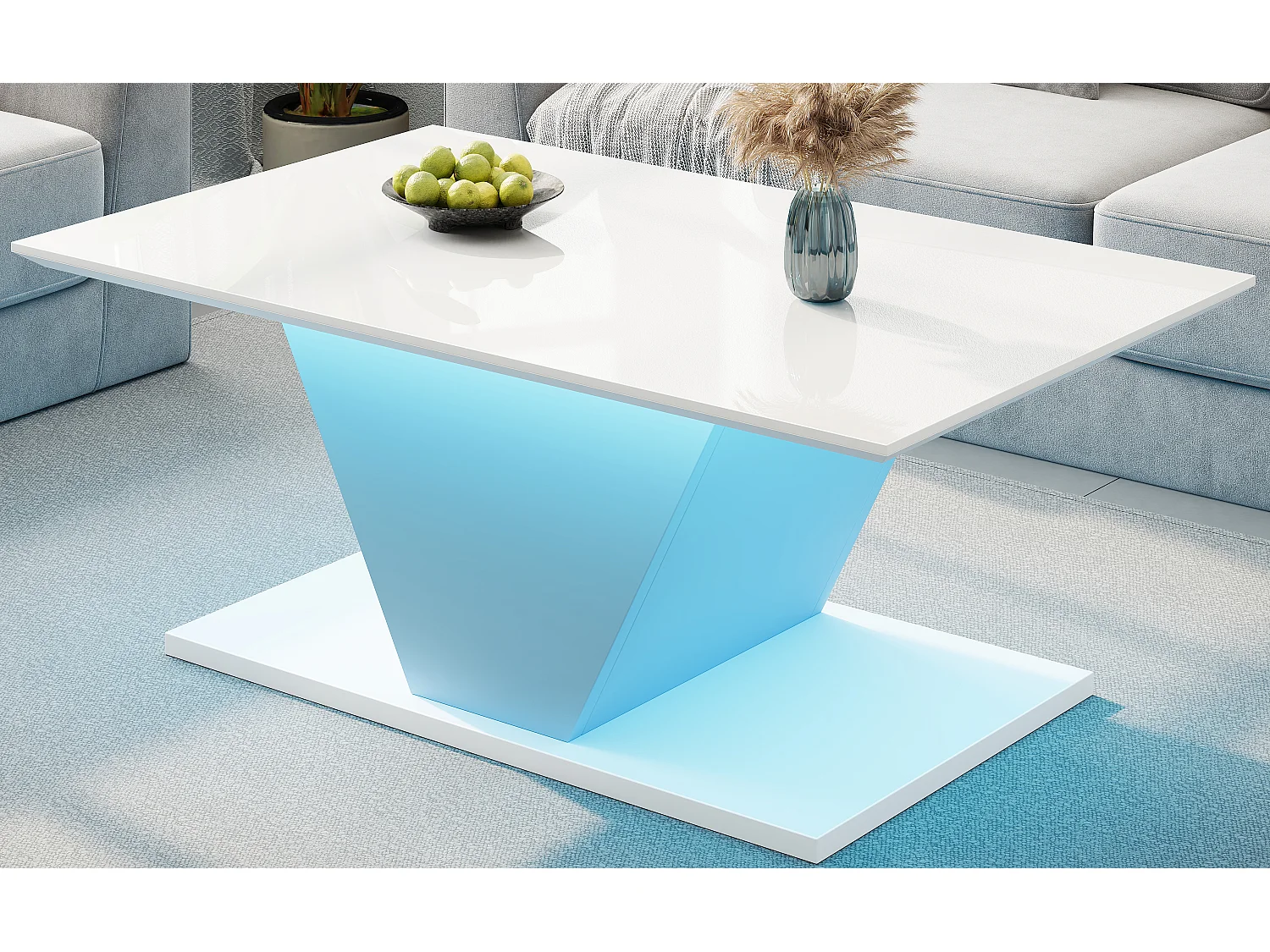 Tavolino da caffè lucido - 100 x 50 x 46 cm - con LED - a forma di V - truciolato - bianco