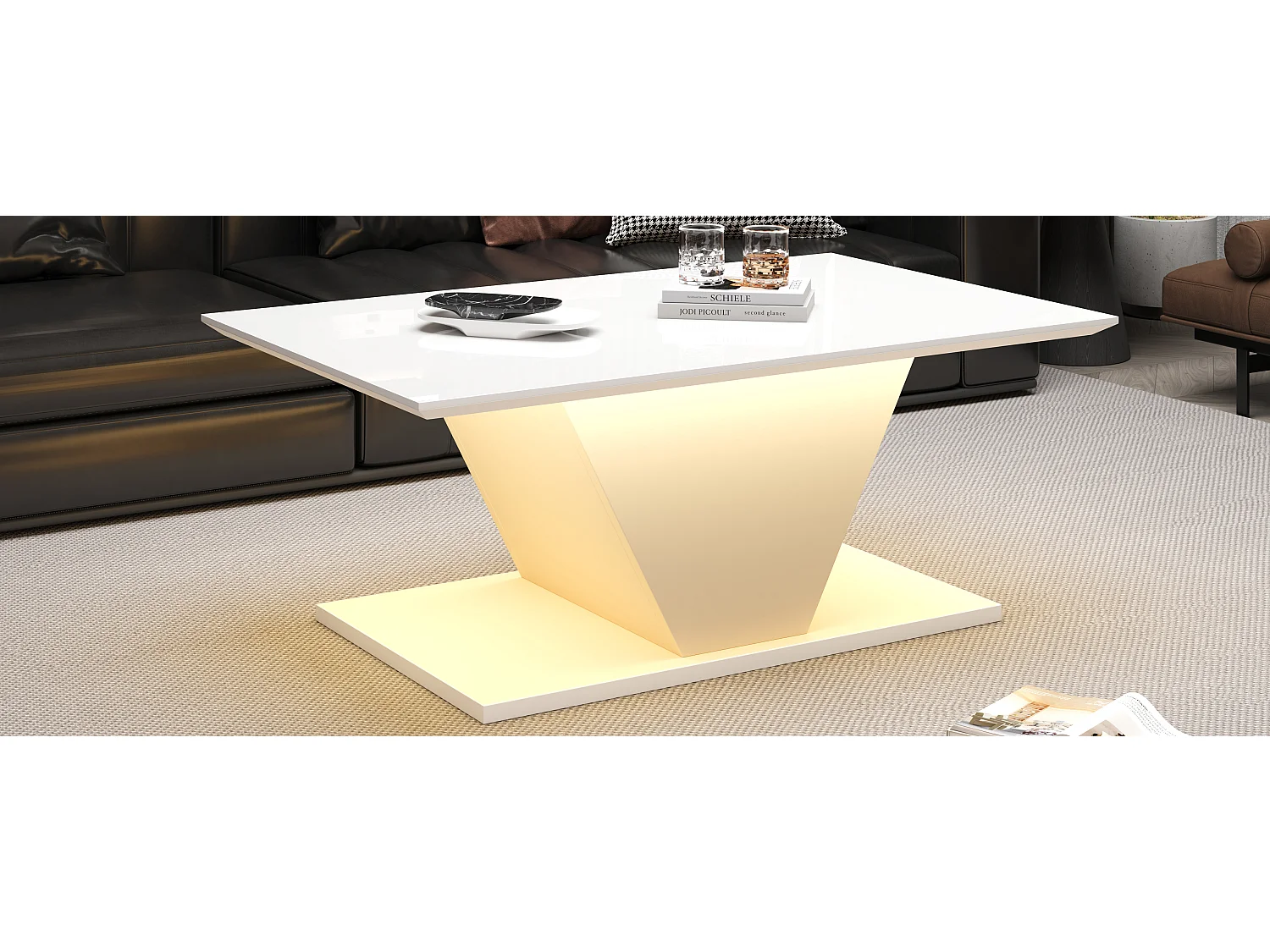 Tavolino da caffè lucido - 100 x 50 x 46 cm - con LED - a forma di V - truciolato - bianco