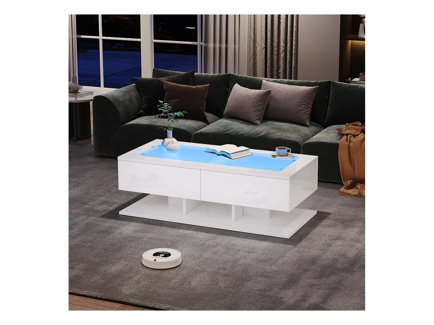 Table basse avec 2 tiroirs, design moderne, MDF, surface en verre trempé, éclairage LED, blanc (100x50x35 cm)