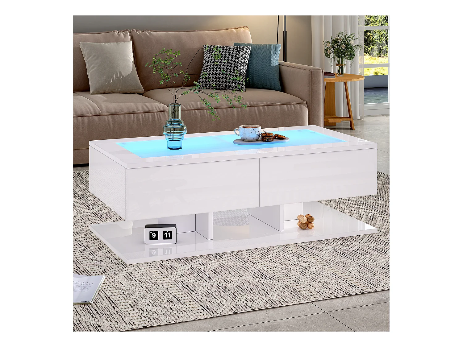 Table basse avec 2 tiroirs, design moderne, MDF, surface en verre trempé, éclairage LED, blanc (100x50x35 cm)