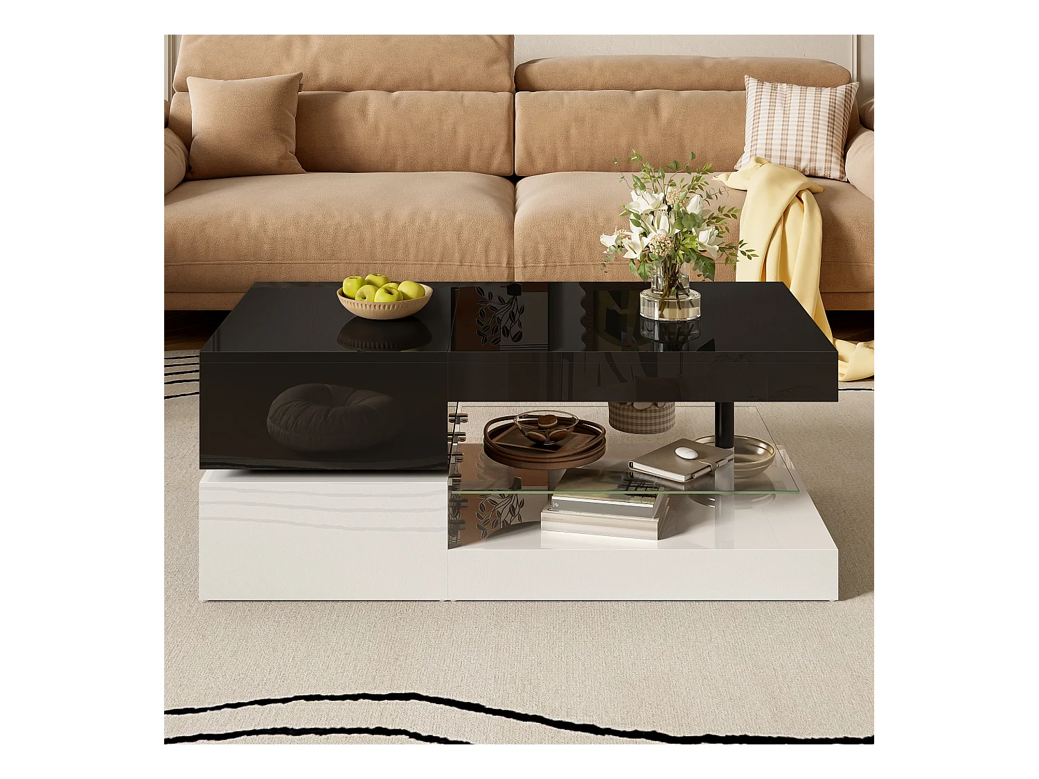 Table basse avec LED, hauteur réglable, stockage, laquée noire et blanche, verre (90x45x35.5 cm)