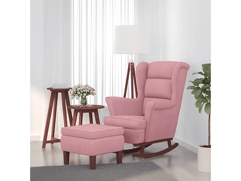 Mecedora con patas de madera y taburete Terciopelo Rosa