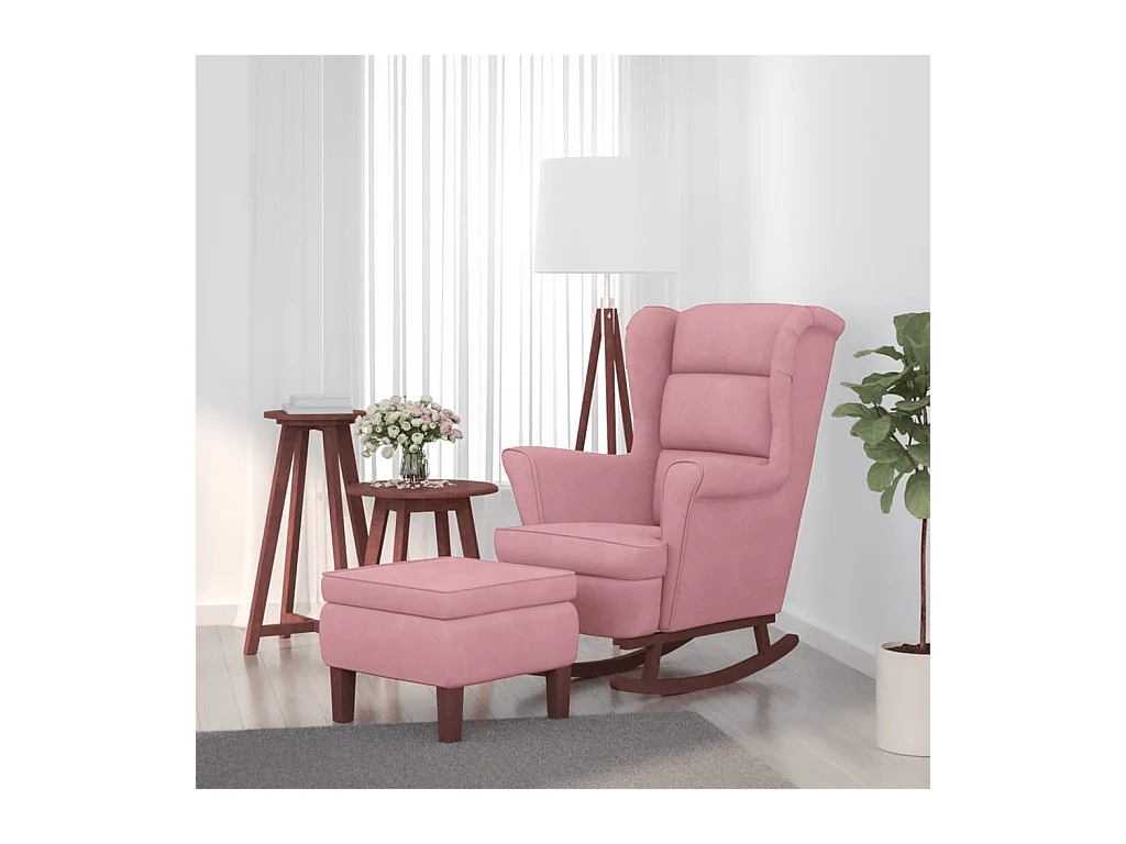 Sedia a dondolo con gambe in legno e sgabello in velluto rosa