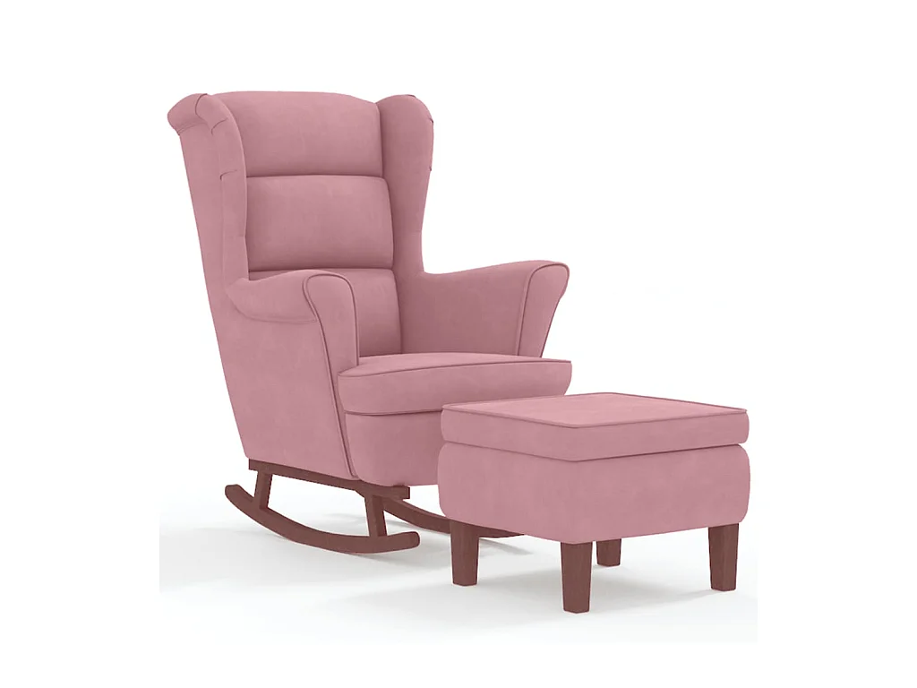 Sedia a dondolo con gambe in legno e sgabello in velluto rosa
